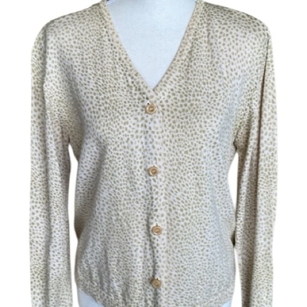 Vintage Liz Claiborne Tan Animal Print Cotton Cardigan Retro Chic Size Small